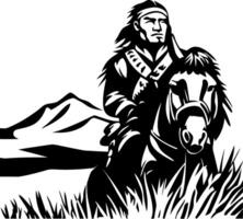 Native American Warrior on Horse with Mountains and Grass Background for Print and Tattoo Design vector