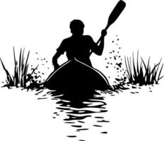 Adventurous Kayaker Paddling Through Calm Waters Surrounded by Lush Greenery vector