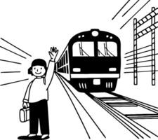 Happy Child Waving Goodbye at Train Station with Suitcase Illustration vector