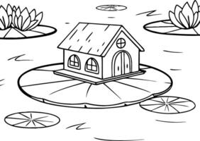 Charming Cottage on Serene Lily Pad with Water Lilies Ideal for Coloring and Design Projects vector