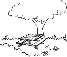 Charming Picnic Table Under Lush Tree in Grassy Meadow with Pretty Flowers vector