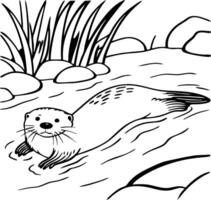 Charming Otter Swimming in a Stream Surrounded by Grassy Reeds and Smooth Rocks vector