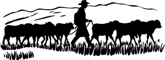 Farmer Leading Cattle Through Pasture Scenic Countryside Silhouette Design for Apparel and Decor vector