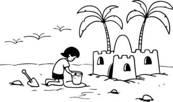Child Building Sandcastle by Shore with Palm Trees and Beach Toys in a Fun Summer Scene vector
