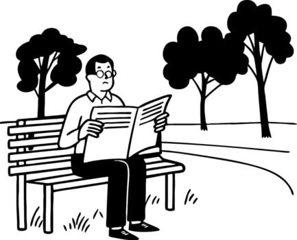 Man Reading Newspaper on Park Bench Surrounded by Trees Ideal for Illustration and Design vector