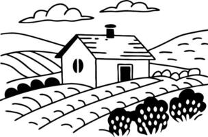 Charming Rural Landscape with House Rolling Hills and Clouds for Coloring Book Design vector
