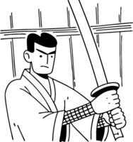 Samurai Warrior Holding Katana with Intense Expression in Traditional Attire vector