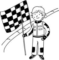 Racing Kid Holding Checkered Flag Cartoon Character Designed for Coloring and Creative Projects vector