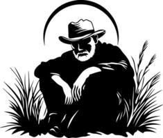 Contemplative Man in Cowboy Hat Surrounded by Grasses Under Moonlight Illustration vector