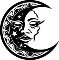 elegante Luna cara diseño con estrellas y decorativo remolinos para tatuajes y colorante paginas vector