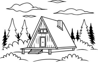 Charming A-Frame Cabin Surrounded by Tall Pine Trees and Natural Landscape for Design Use vector