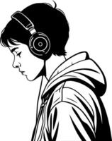 Profile of a Young Person with Headphones in a Hoodie Contemplating Music Vibes vector