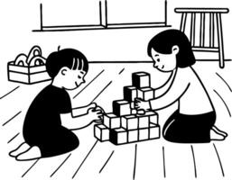 Children Playing with Building Blocks in Indoor Environment for Creative Learning and Fun vector