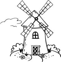 Charming Hand-Drawn Windmill Surrounded by Flowers and Grass Ideal for Coloring and Tattoos vector