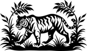 Majestic Tiger Walking Through Lush Jungle Leaves Intricate Design for Tattoos and Art vector
