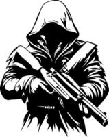 Mysterious Hooded Figure Holding Weapon in Dark Attire Perfect for Graphic Design Projects vector