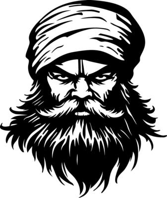 Bold Illustration of a Warrior with a Fierce Expression and Traditional Headwear