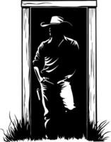 Cowboy Silhouette Standing at Dark Doorway with Grass Background for Rustic Art Projects vector