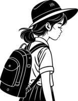 Stylish Young Girl with Backpack and Hat in Profile Outline for Modern Illustrations vector