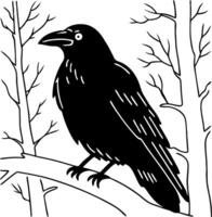 Black Raven Perched on Branch with Bare Trees Perfect for Tattoo Designs and Illustrations vector