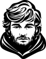 Stylized Portrait of a Young Man with Long Hair and Beard in Hooded Cloak Design vector