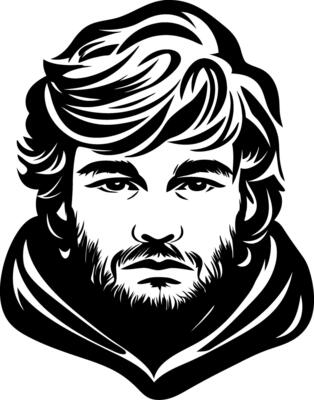 Stylized Portrait of a Young Man with Long Hair and Beard in Hooded Cloak Design