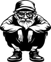 Squatting Elderly Man with Beard and Glasses Illustration for Tattoo or Apparel Design vector