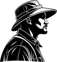 Exploration Adventurer in Profile with Wide Brimmed Hat and Shirt Design for Tattoo or Apparel vector