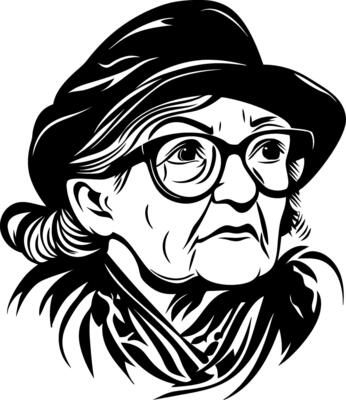 Elderly Woman Portrait in Hat and Glasses Detailed Art for Tattoo and Coloring Designs