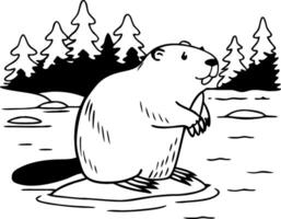 Cute Beaver Sitting on a Rock Surrounded by Trees for Wildlife Illustrations or Coloring Pages vector