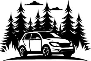 Stylish SUV Surrounded by Lush Pine Trees in Nature Landscape Design for Outdoor Enthusiasts vector
