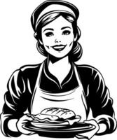 Vintage Style Happy Waitress Serving Freshly Baked Bread on a Plate vector