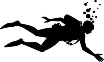 Silhouette of a Scuba Diver Swimming Underwater with Air Bubbles for Fun Activities Designs vector