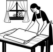 Woman Preparing Fabric on Table with Window and Plants in Minimalist Style for Home Decor vector