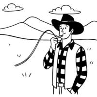 Cowboy Whistling With Lasso in Mountains Landscape Art for Tattoos and Coloring Books vector