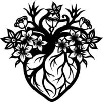 Heart with Floral Elements and Roots Symbolizing Life and Nature for Tattoos and Art vector