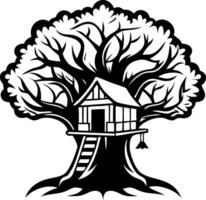 Intricate Treehouse Design Surrounded by Expansive Branches Ideal for Tattoos and Coloring Books vector