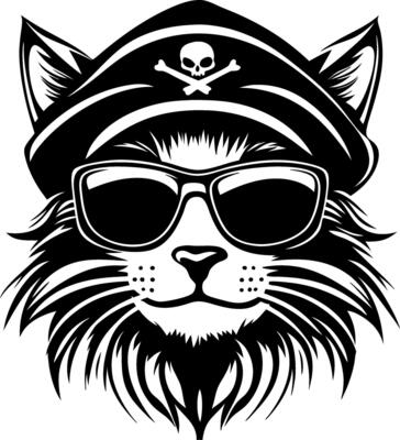 Cool Pirate Cat with Sunglasses and Captain Hat Illustration for Creative Designs