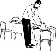 Waiter Setting Table for Fine Dining with Napkin and Plate Preparation vector