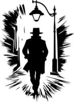 Mysterious Silhouette of a Man in a Hat Walking Under a Street Lamp in an Urban Setting vector