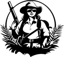 Adventurous Woman Hunter with Gun in Jungle Setting for Outdoor Design Projects vector
