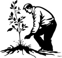 Man Planting Young Tree in Soil for Environmental Conservation and Gardening Applications vector