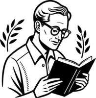 Man Reading Book with Leaves in Background Vintage Style Illustration for Design Projects vector