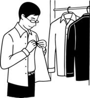 Man Selecting Shirt from Closet While Adjusting His Outfit for a Special Occasion vector