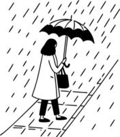 Woman Walking in Rain with Umbrella Elegant Minimalist Line Art for Print and Design Projects vector