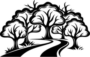 Intricate Black Silhouette of a Winding Path Surrounded by Stylized Trees for Creative Projects vector