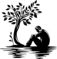 Contemplative Silhouette of a Man Sitting by a Tree and Water Symbolizing Reflection and Peace vector