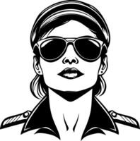 Stylish Female Pilot Portrait with Sunglasses and Hat Perfect for Tattoo Designs and Art vector