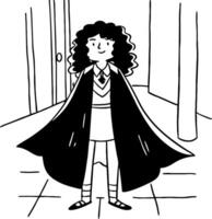 Confident Young Witch in Magical Cloak Standing in Enchanted Hallway for Creative Projects vector