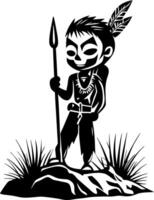 Warrior Character with Spear and Feathered Headband Standing on Rock in Nature vector